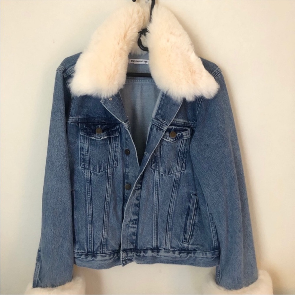 Reformation Aussie Blue Denim Jacket with Cream Faux Fur